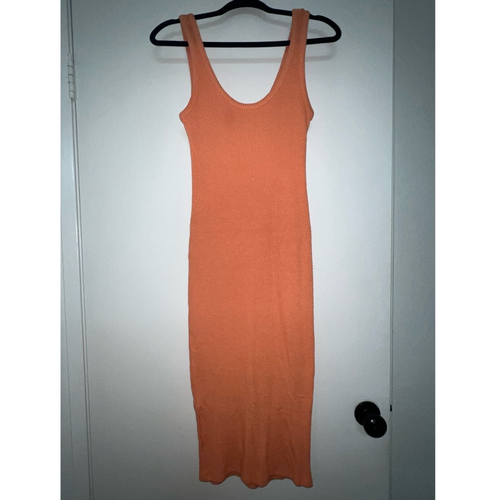 Orange Ribbed Bodycon Midi Dress